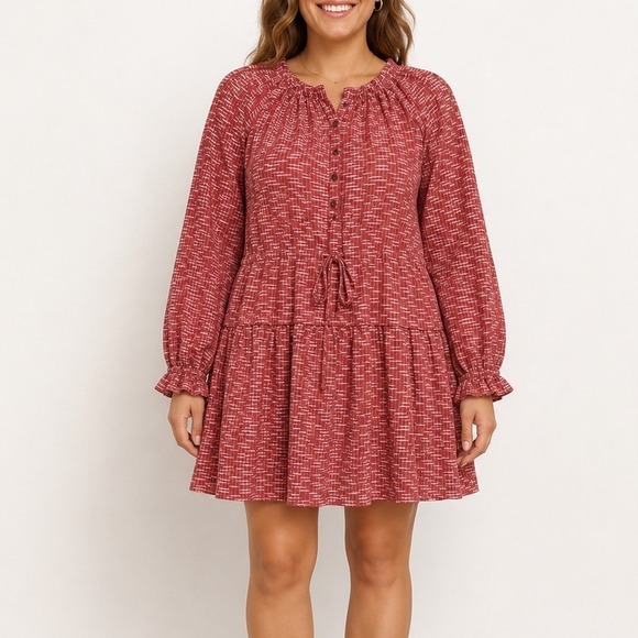 Piece Apart Dresses & Skirts - A Piece Apart Rust block Print Tiered Mini Dress Small Long Sleeve boho prairie